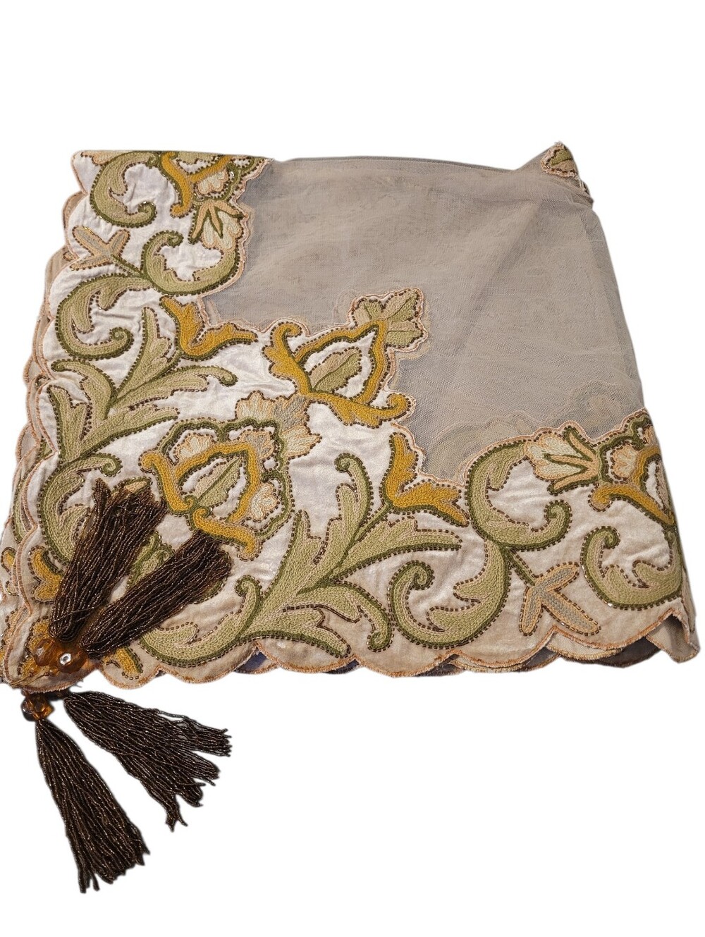 Vintage Rectangular Velvet Embroidered Mesh Glass Beads Tassels Tablecloth 86×42